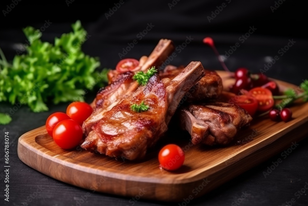 Main course grilled pork ribs on wooden plate, Generative ai