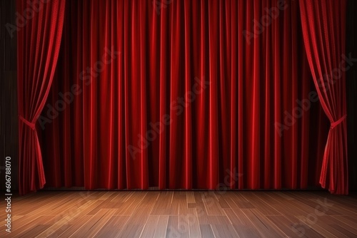 Luxury red curtain backdrop on the stage with wooden floor