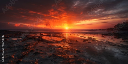 Burning sky setting into the sea, Generative ai © Marius