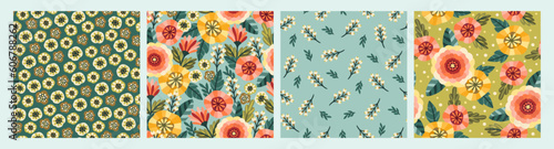 Set of Folk floral seamless patterns. Modern abstract design for paper, cover, fabric, pacing and other