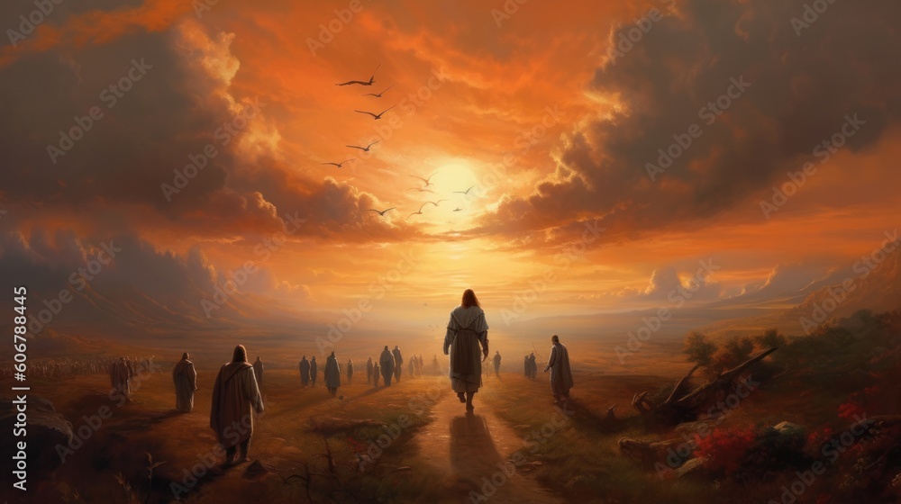 Jesus and disciples walking in the sunset
