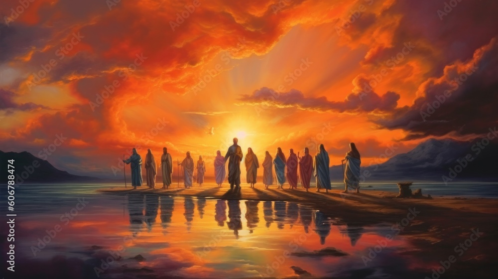 Jesus and disciples walking in the sunset