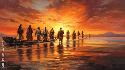 Jesus and disciples walking in the sunset