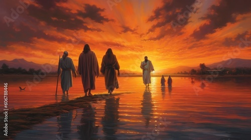 Jesus and disciples walking in the sunset © Left
