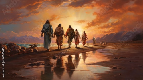 Jesus and disciples walking in the sunset © Left