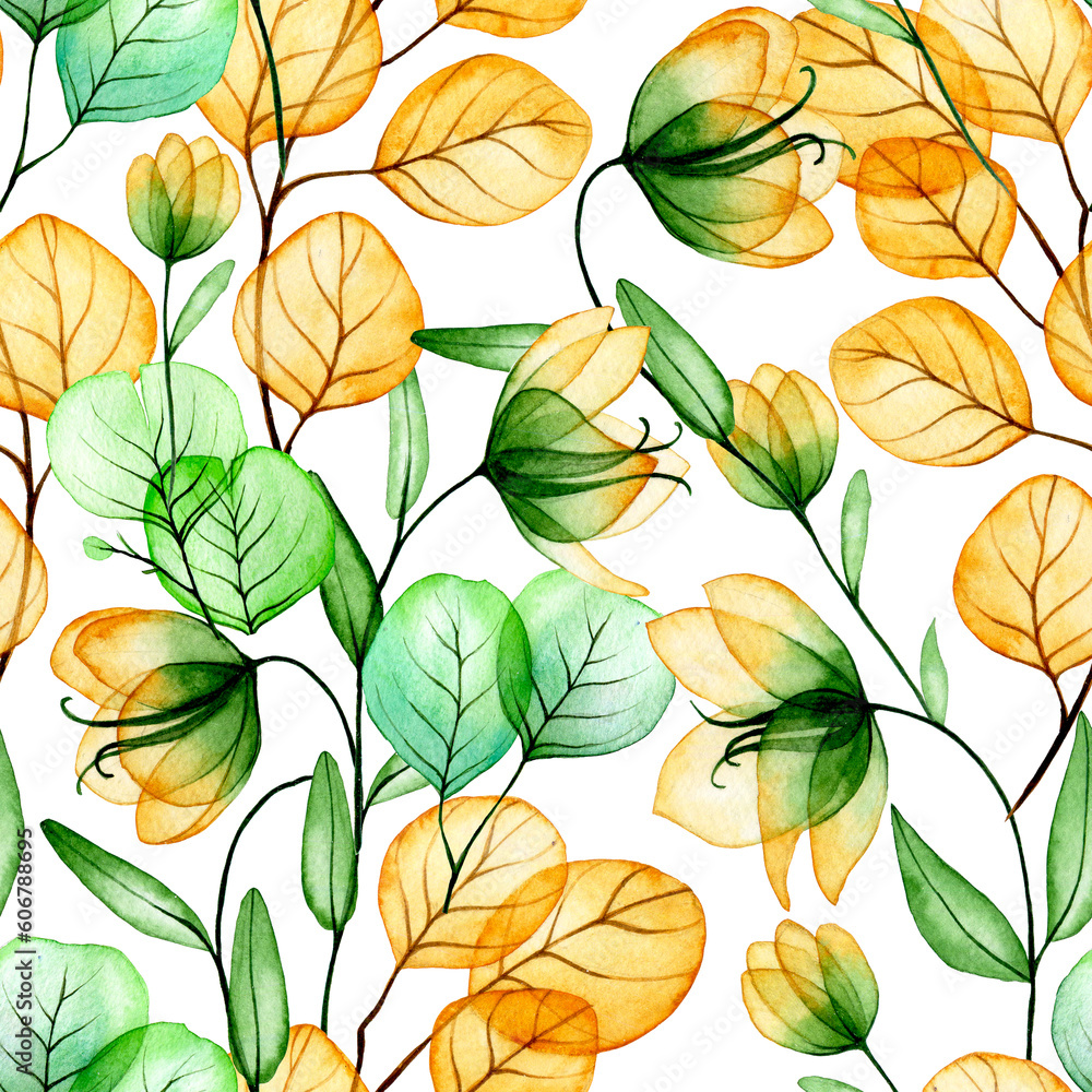 watercolor seamless pattern. autumn print of transparent flowers and eucalyptus leaves. yellow and green leaves, bouquet