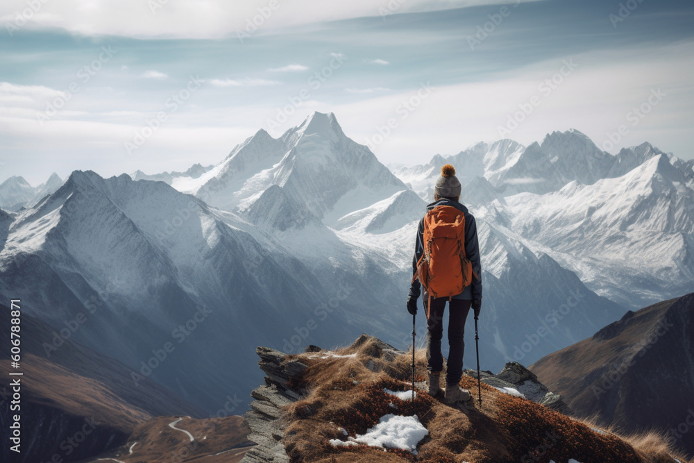 Unrecognizable woman hiking in the mountains with a backpack and trekking poles enjoying the breathtaking view of a snow-capped peak,
