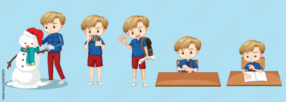 Set of cute boy in blue shirt doing different activities By The greatest graphics Set of cute boy in blue shirt doing different activities By The greatest graphics