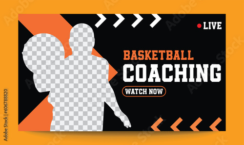 Editable sports  video thumbnail and YouTube cover template, web banner vector concept, trendy design, modern look, basketball coaching thumbnail