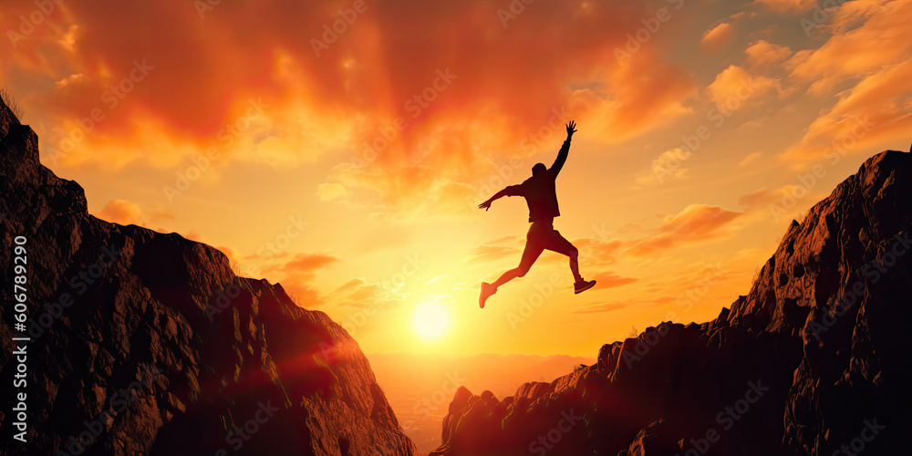 Courage man jumping over cliff on sunset background,Business concept ...