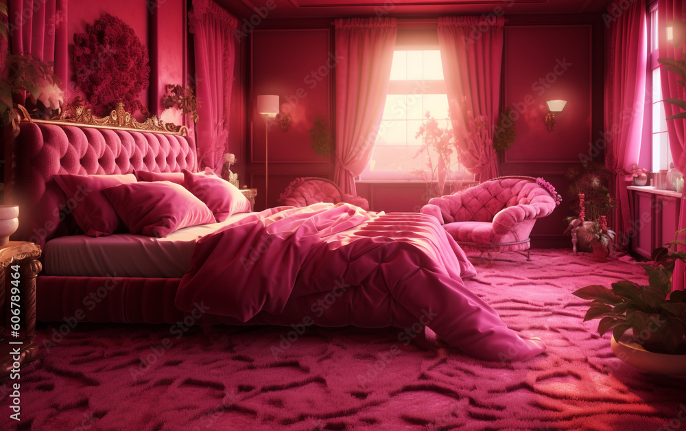 Luxury magenta Dream Bedroom with Plush Furniture, Generative AI Luxury magenta Dream Bedroom with Plush Furniture, Generative AI