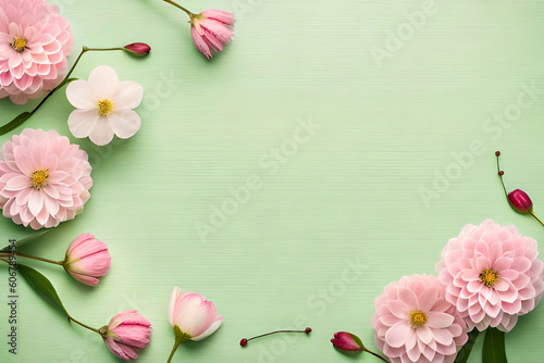 Top view of pink cherry blossoms frame on a pastel yellow-green background with copy space  flat lay