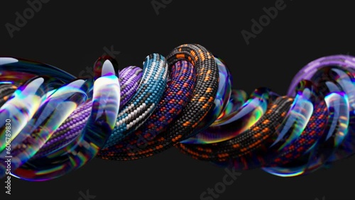 Abstract concept. Transparent tubes and ropes are twisted on a black isolated background. Knot, spiral, plexus. Ropes