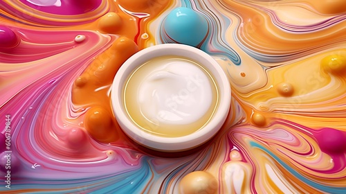 an imaginative and surreal image where the milk transforms into a cosmic scene. Create a galaxy-like backdrop using swirling patterns and vibrant colors, with milk droplets or stars scattered througho photo