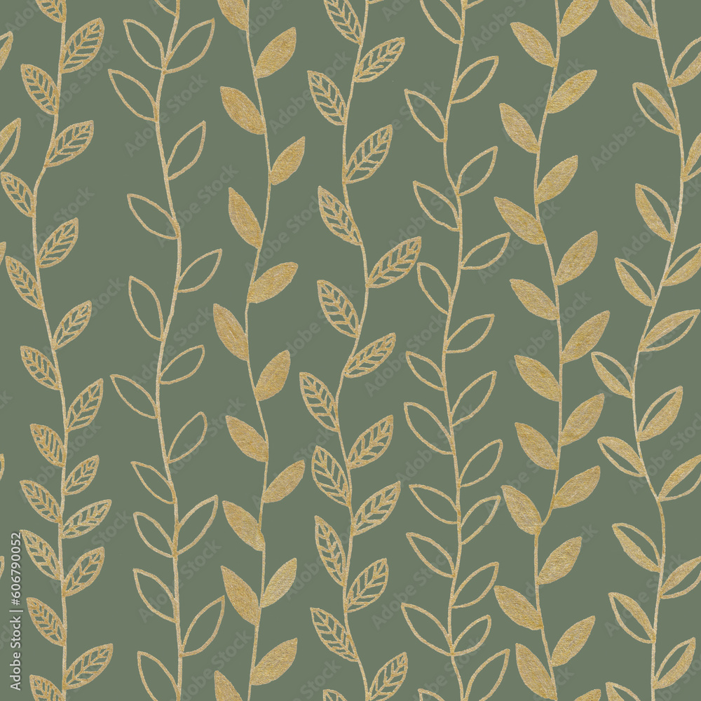 Hand drawn golden line art seamless pattern botanical vertical hanging tree branches, plants with different leaves as floral background.On green backdrop.