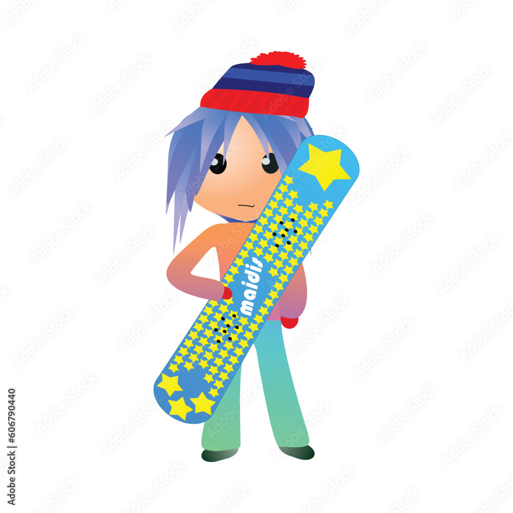Snowboarder in winter clothes with a snowboard. Vector illustration.