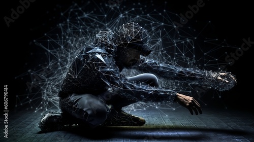 Hacker with hoodie and cap, circled with particles, cyper security concept, protection in IT - Generative AI