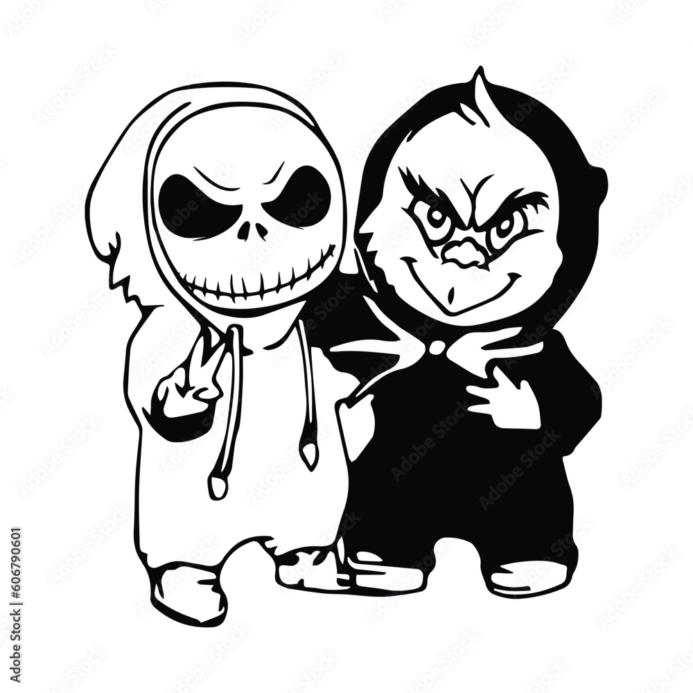 Φωτογραφία Black and white illustration of a boy and a girl in Halloween costumes