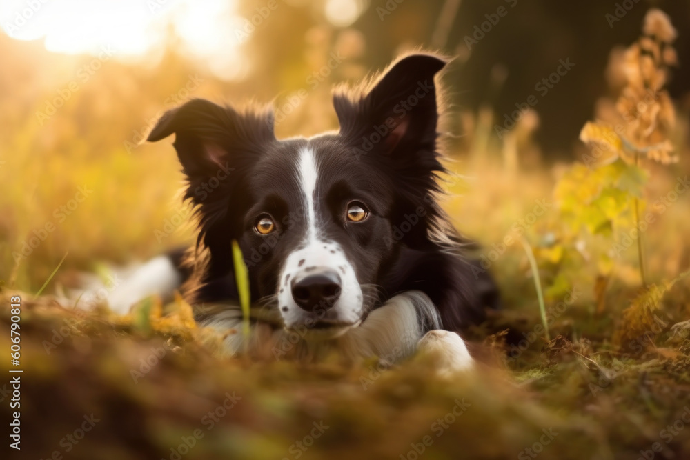 Border Collie sitting in a filed facing the camera - Generative Ai