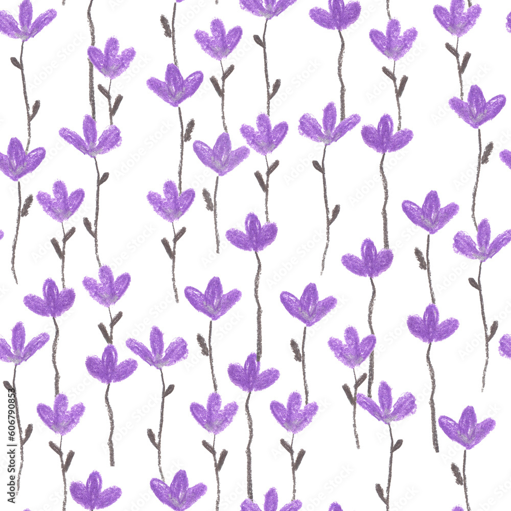 Hand drawn chalk pastel seamless pattern with little violet flowers and grey leaves as summer floral simple background. Hand drawn chalk pastel seamless pattern with little violet flowers and grey leaves as summer floral simple background.