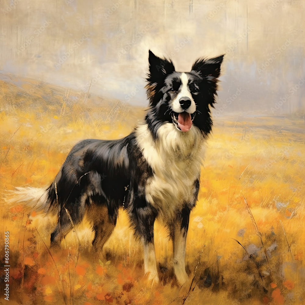 Border Collie vintage art style, standing infront of a classic country side- Generative Ai