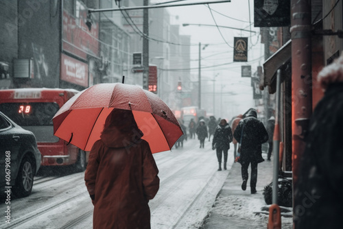 Woman wearing red parka and holding umbrella and other pedestrians walking city street on a snowy day © alisaaa