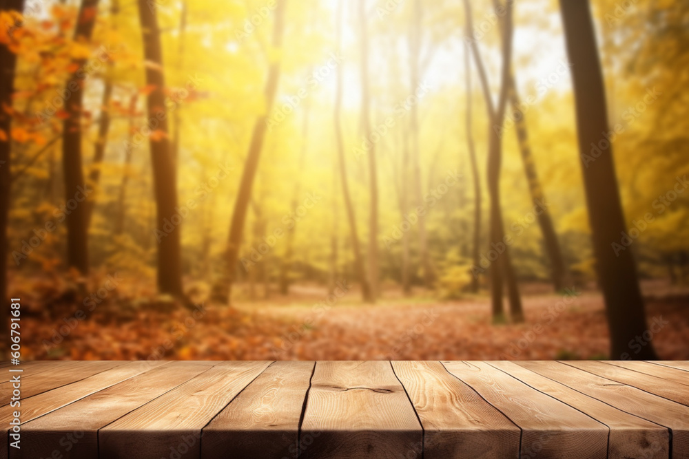 Wooden table and blurred autumn forest in a background product display food or drink montage