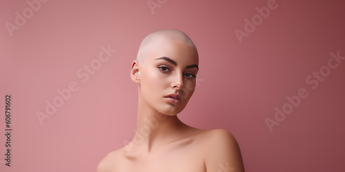 A beautiful young woman with a shaved bald head. Isolated on a pink flat background with copy space. Beautiful naked girl. Generative AI professional photo imitation.