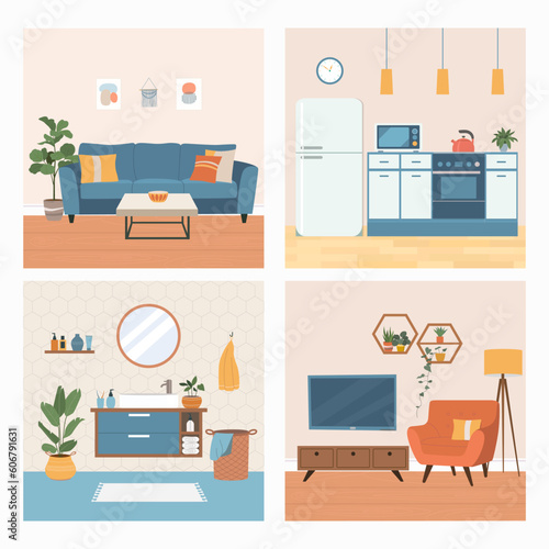 Set of  interior design house rooms with furniture icons: living room, bathroom, kitchen. Flat style cartoon vector illustration.