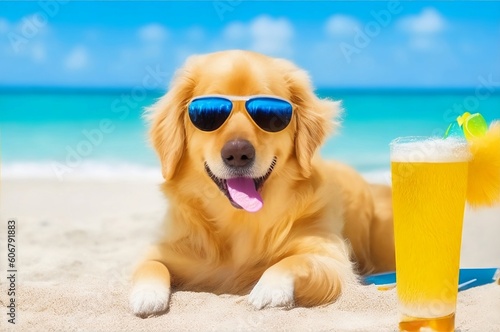 Cute Golden Retriever wearing Sunglasses, sitting on a beach with a drink, AI-Generated Image