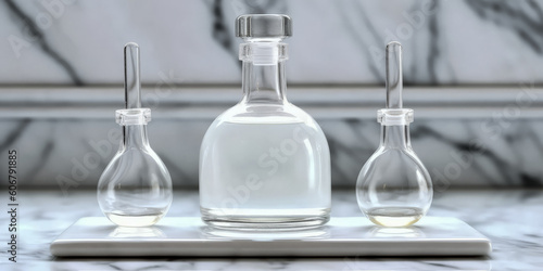 The white glass dropper bottle with white lid was placed on a white background - generative ai.