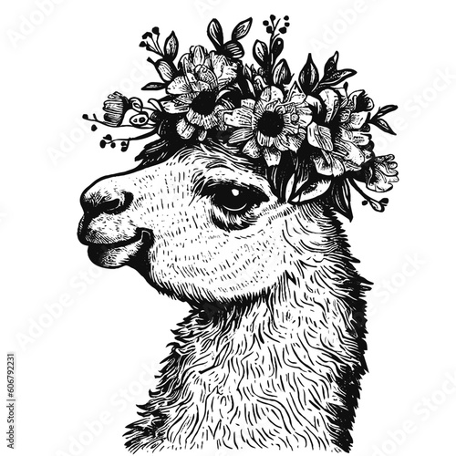 cute llama wearing a flower wreath vector sketch