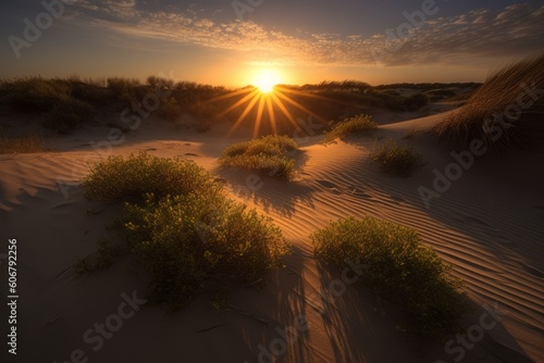 Sand dunes at sunset, Generative ai