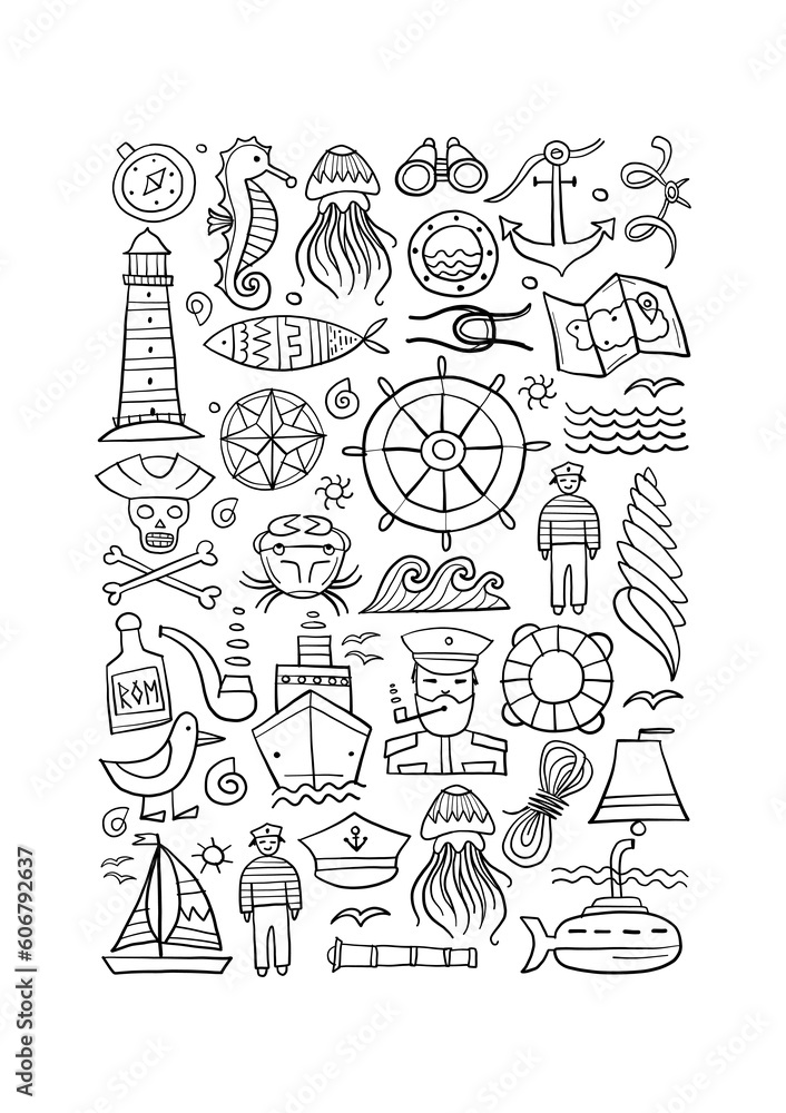 Nautical icons of navigator, ship and captain, lighthouse and sailor. Art background. Outline style for your design