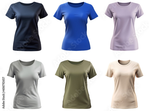 Collection of various blank women's t-shirt mockups, isolated on white background, transparency, colors Navy Blue, Royal Blue, Lilac, Light Grey, Olive Green, Cream, ai generated