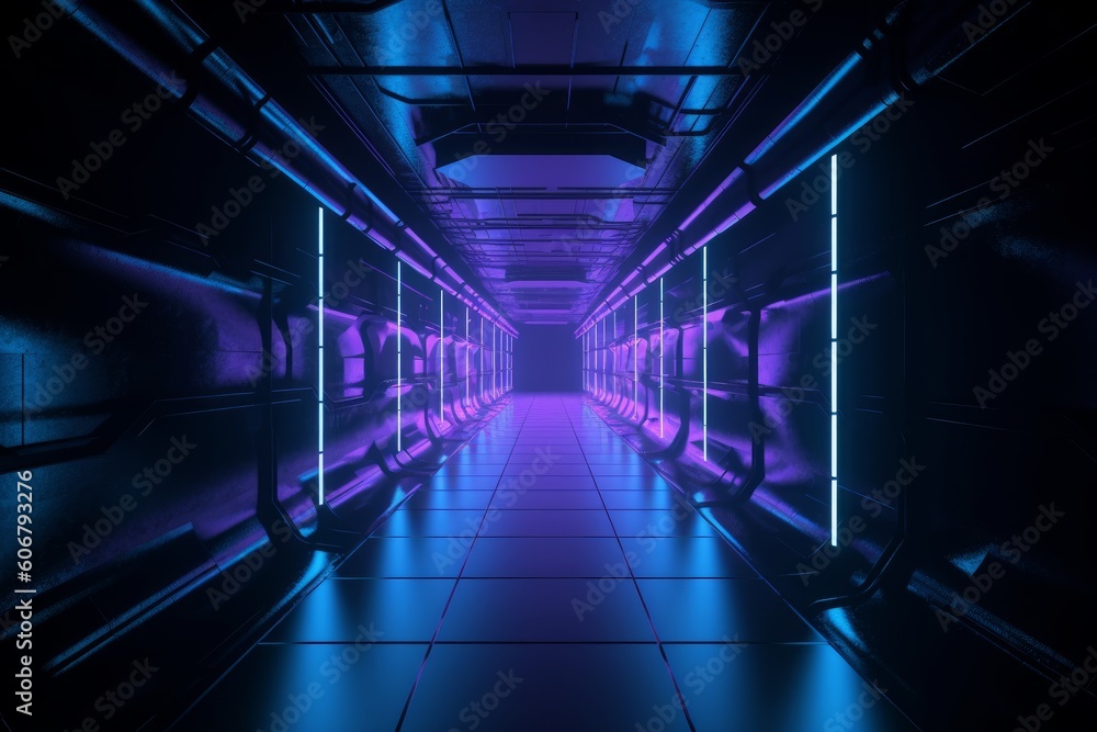 Sci Fi neon purple pantone blue glowing tunnel. Generative ai Sci Fi neon purple pantone blue glowing tunnel. Generative ai