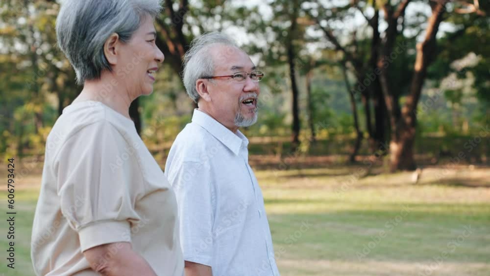 Asian senior couple holding hands walking in garden on weekend, Relax time of retire concept Asian senior couple holding hands walking in garden on weekend, Relax time of retire concept