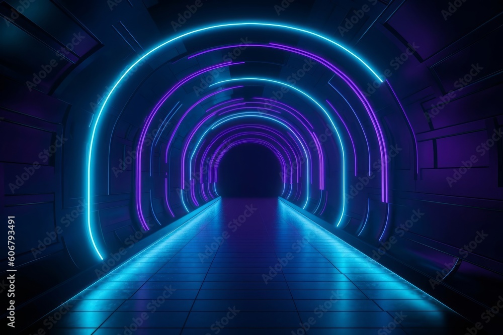 Sci Fi neon purple pantone blue glowing tunnel. Generative ai Sci Fi neon purple pantone blue glowing tunnel. Generative ai