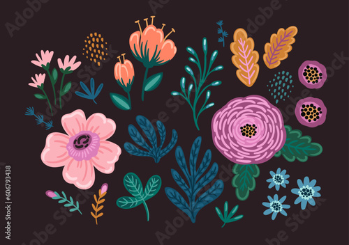 Set of floral design elements. Leaves, flowers, grass, branches Vector