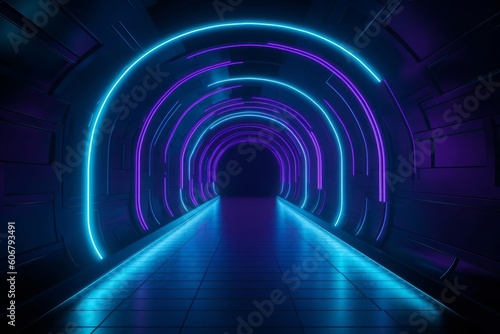 Sci Fi neon purple pantone blue glowing tunnel. Generative ai