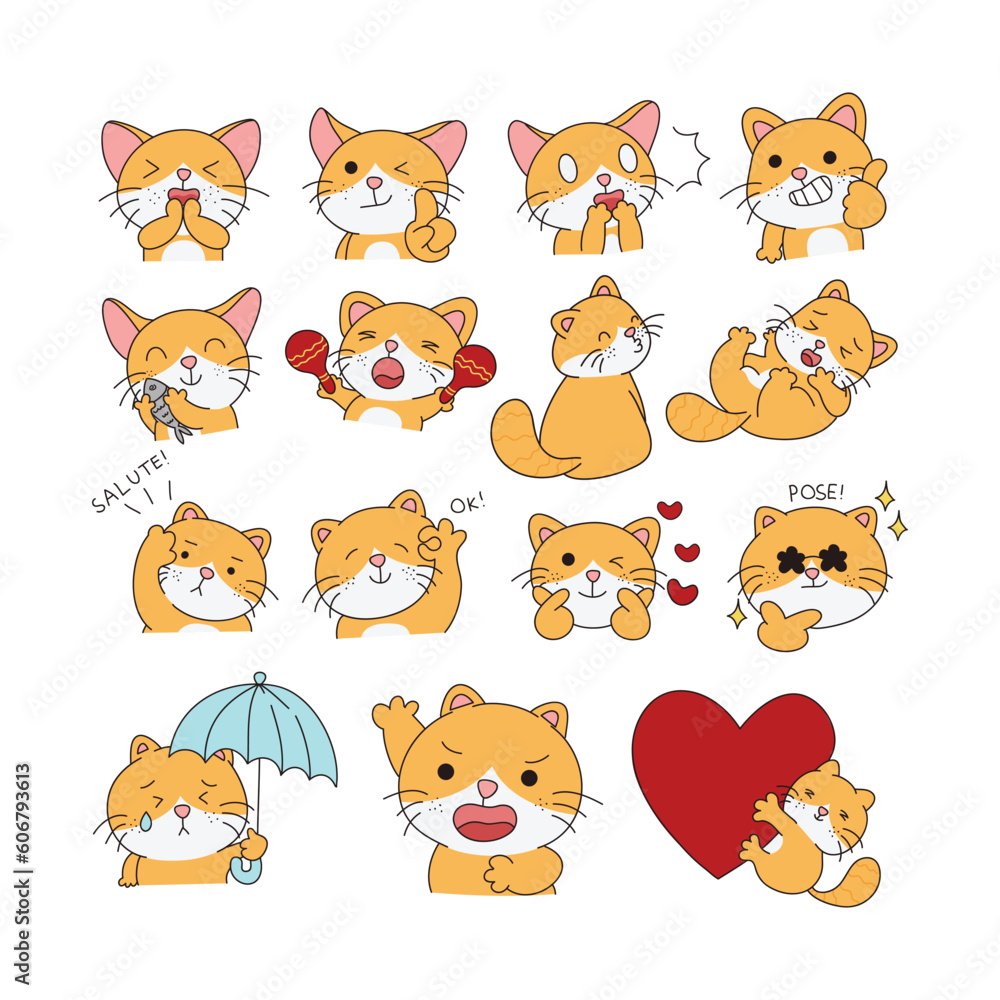 Hand Drawn Cute Cat Sticker Isolated On White Background. Cute Orange Cat Illustration. Cute Cat Kitty, kitten, kawaii, chibi style, emoji, character, sticker, emoticon, smile, emotion, mascot. Hand Drawn Cute Cat Sticker Isolated On White Background. Cute Orange Cat Illustration. Cute Cat Kitty, kitten, kawaii, chibi style, emoji, character, sticker, emoticon, smile, emotion, mascot.