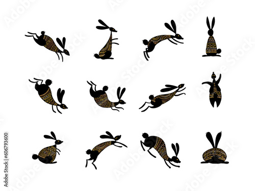 Vintage rabbit icons set. Chinese new year 2023 of the rabbit zodiac sign. Fu...