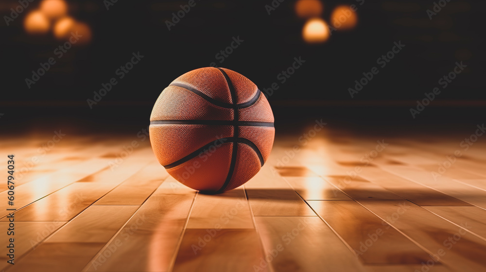 The basketball ball lies on the parquet in the middle of the arena. Generative Ai The basketball ball lies on the parquet in the middle of the arena. Generative Ai