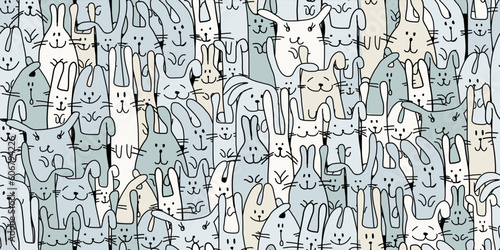 Funny Bunnies family. Seamless pattern background with Rabbits. Symbol of 2023 chineese new year. Cute characters, childish style. Vector illustration