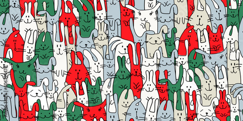 Funny Bunnies family. Seamless pattern background with Rabbits. Symbol of 202...