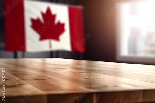 Happy Canada Day concept. Canada flag background with wood table.