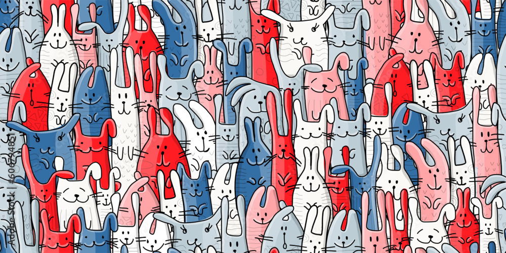 Funny Bunnies family. Seamless pattern background with Rabbits. Symbol of 2023 chineese new year. Cute characters, childish style. Colors of flag of country - red white and blue. Vector illustration Funny Bunnies family. Seamless pattern background with Rabbits. Symbol of 2023 chineese new year. Cute characters, childish style. Colors of flag of country - red white and blue. Vector illustration