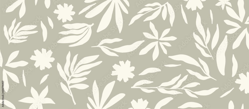 Decorative wallpaper in gray tone with leaves. Delicate, light-toned seamless pattern with botanical elements. Nature-inspired poster background for accent wall. Wall decor for mural or nursery Decorative wallpaper in gray tone with leaves. Delicate, light-toned seamless pattern with botanical elements. Nature-inspired poster background for accent wall. Wall decor for mural or nursery