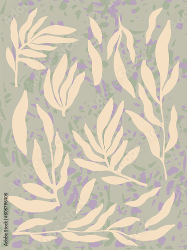 Decorative wallpaper with branches in gray tone. Delicate, light-toned pattern with botanical elements. Nature-inspired poster for accent wall. Wall decor and mural for nursery. Twigs background.