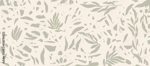 Decorative wallpaper in gray tone with leaves. Delicate, light-toned seamless pattern with botanical elements. Nature-inspired poster background for accent wall. Wall decor for mural or nursery